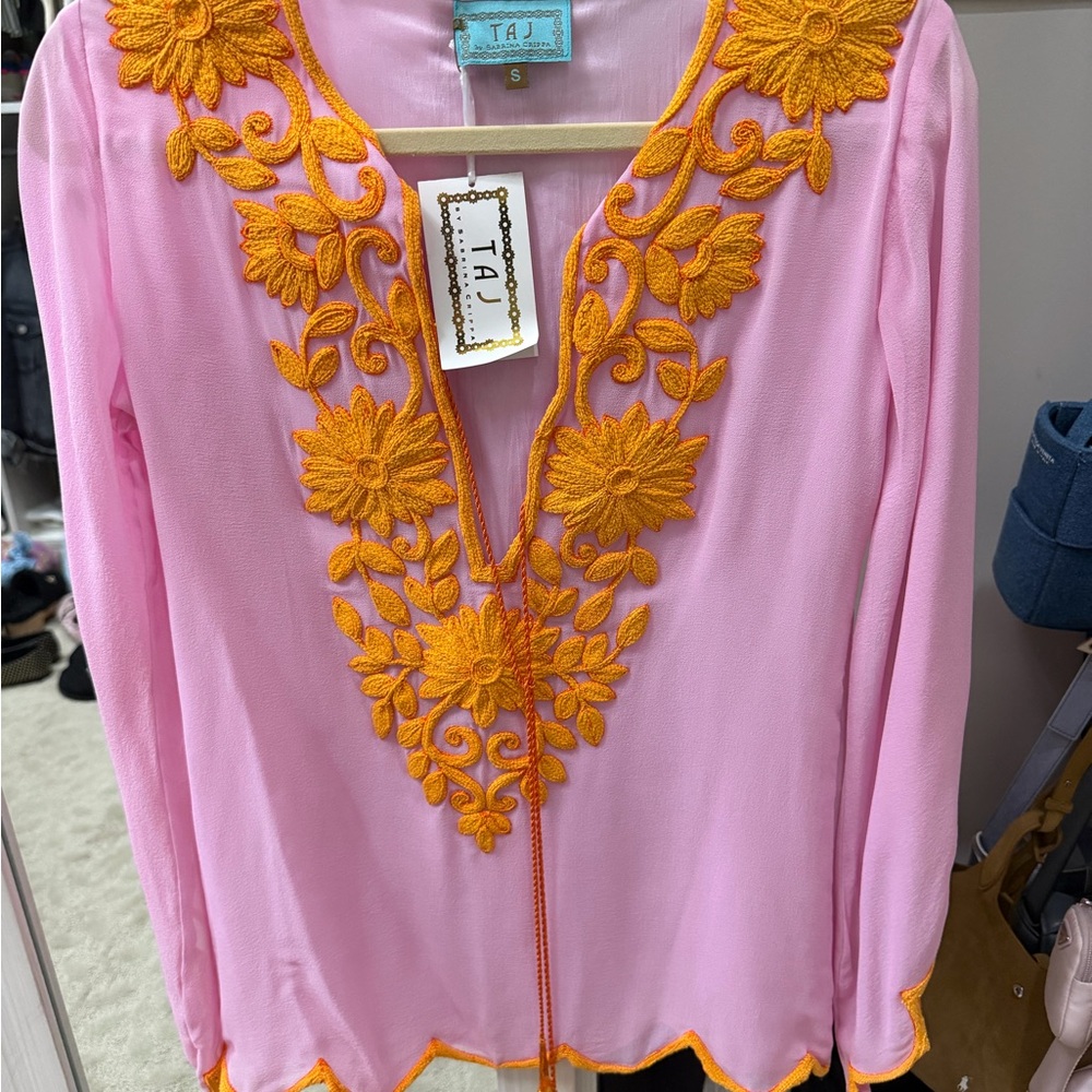 TAJ by Sabrina Crippa Pink Tunic with Golden Yellow Floral Embroidery